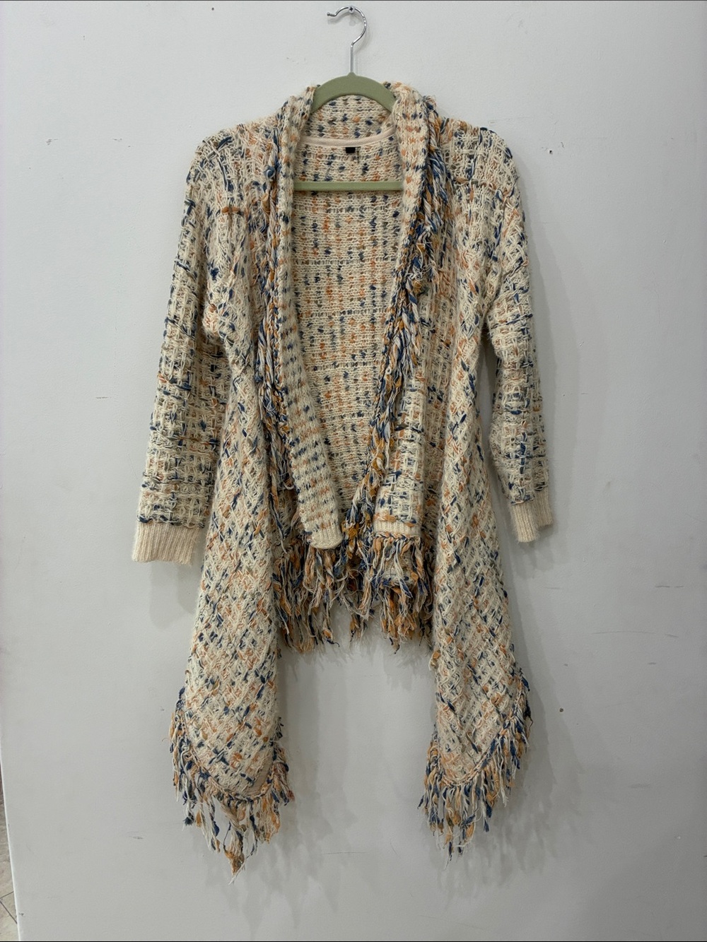 Cream Multi-Color Open-Front Fringe Cardigan Sweater